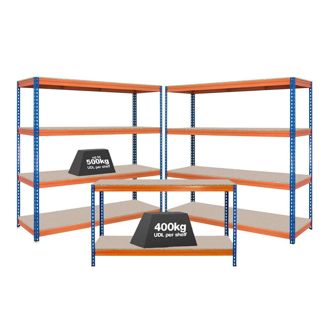 2x Storalex Crw Industrial Shelving Units 1800mm High And 1x Crw Workbench 1600mm Wide Blueorange