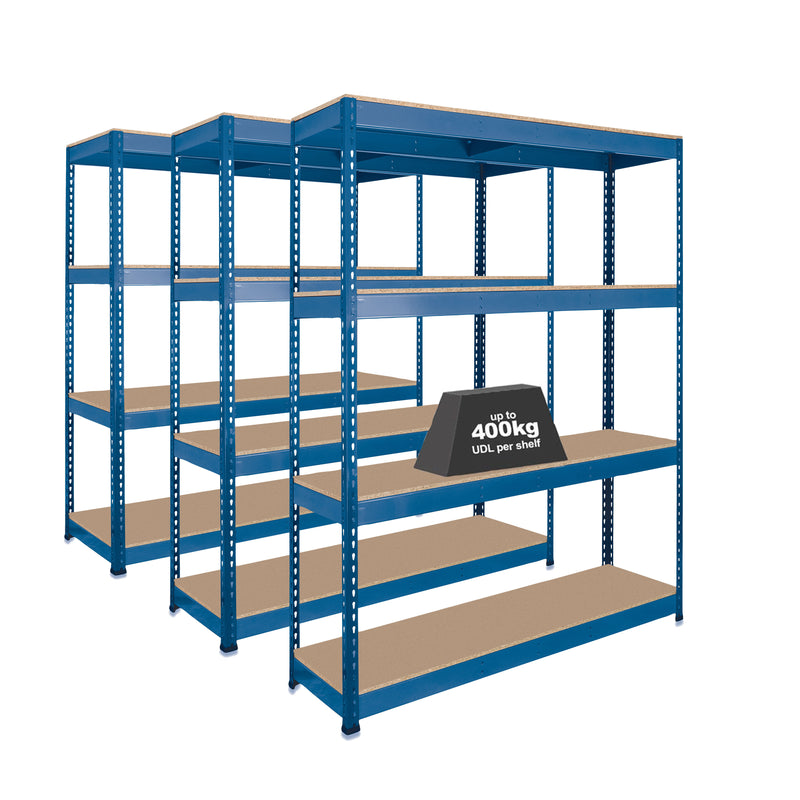 3x SX400 Industrial Shelving - 2440mm High - 400kg - Chipboard - Blue