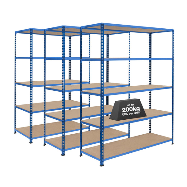 3x SX200 Industrial Shelving - 2440mm High - 200kg - Chipboard - Blue