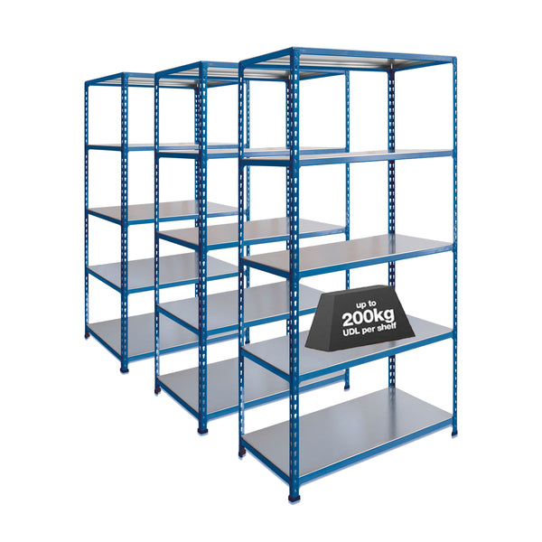 3x SX200 Industrial Shelving - 2440mm High - 200kg - Steel - Blue