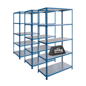 3x SX200 Industrial Shelving - 1830mm High - 200kg - Steel - Blue