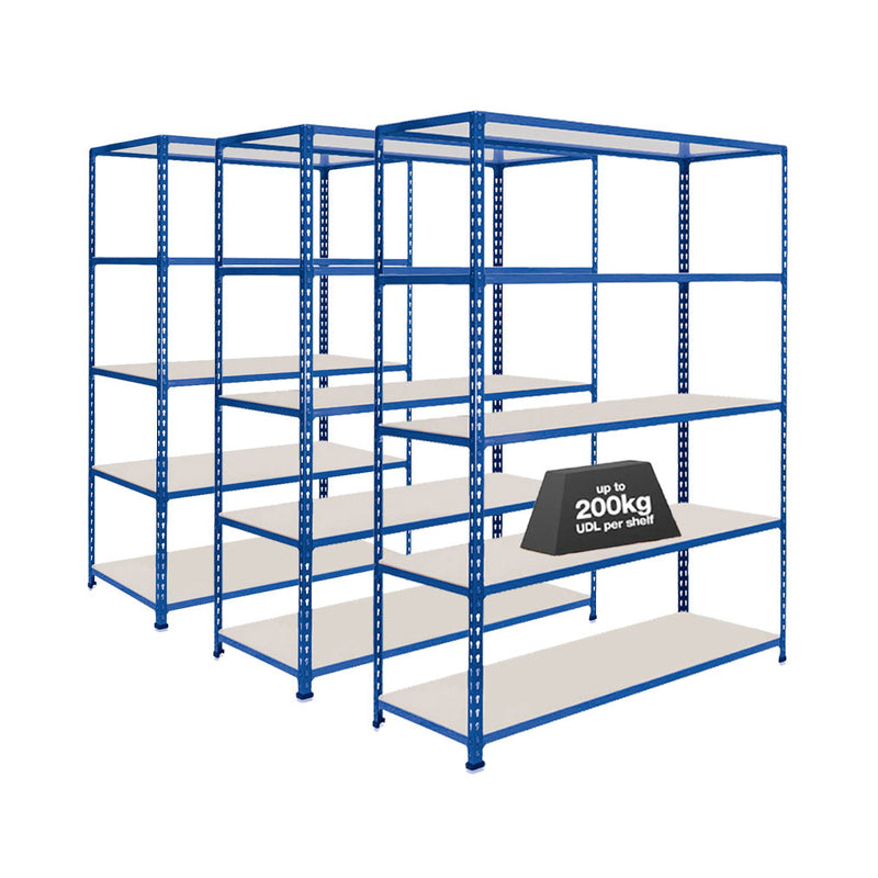 3x SX200 Industrial Shelving - 1830mm High - 200kg - Melamine - Blue