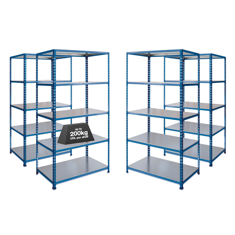 4x SX200 Industrial Shelving - 2440mm High - 200kg - Steel - Blue