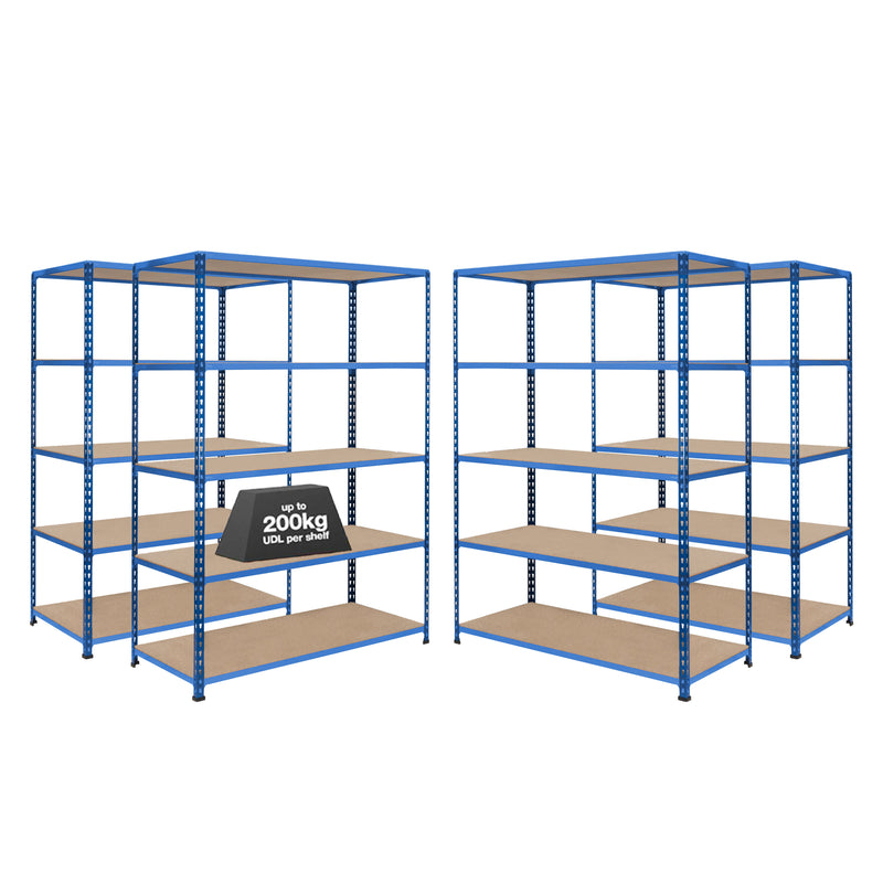 4x SX200 Industrial Shelving - 1830mm High - 200kg - Chipboard - Blue