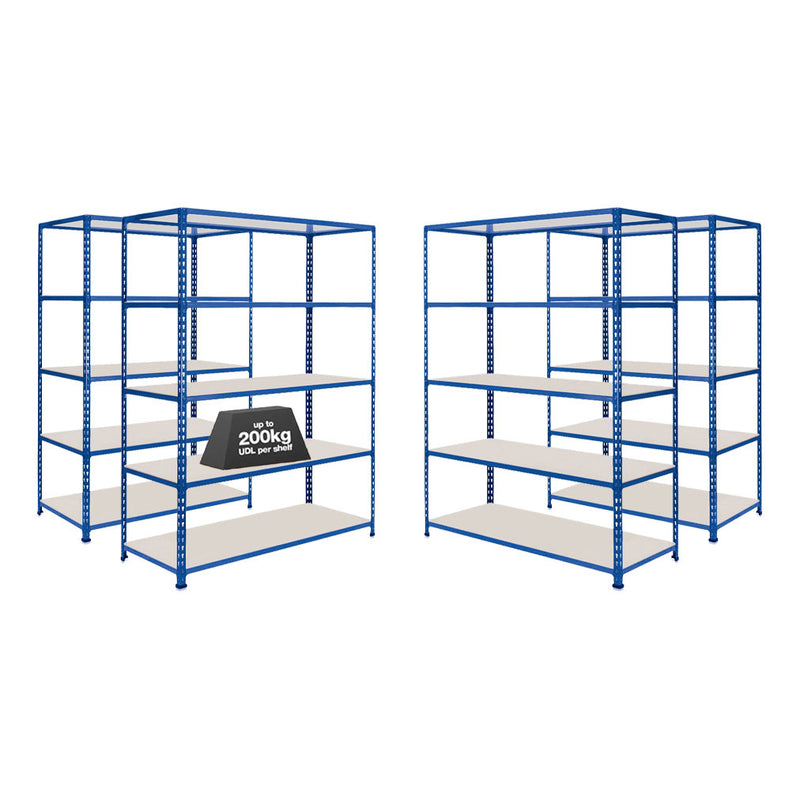 4x SX200 Industrial Shelving - 1830mm High - 200kg - Melamine - Blue