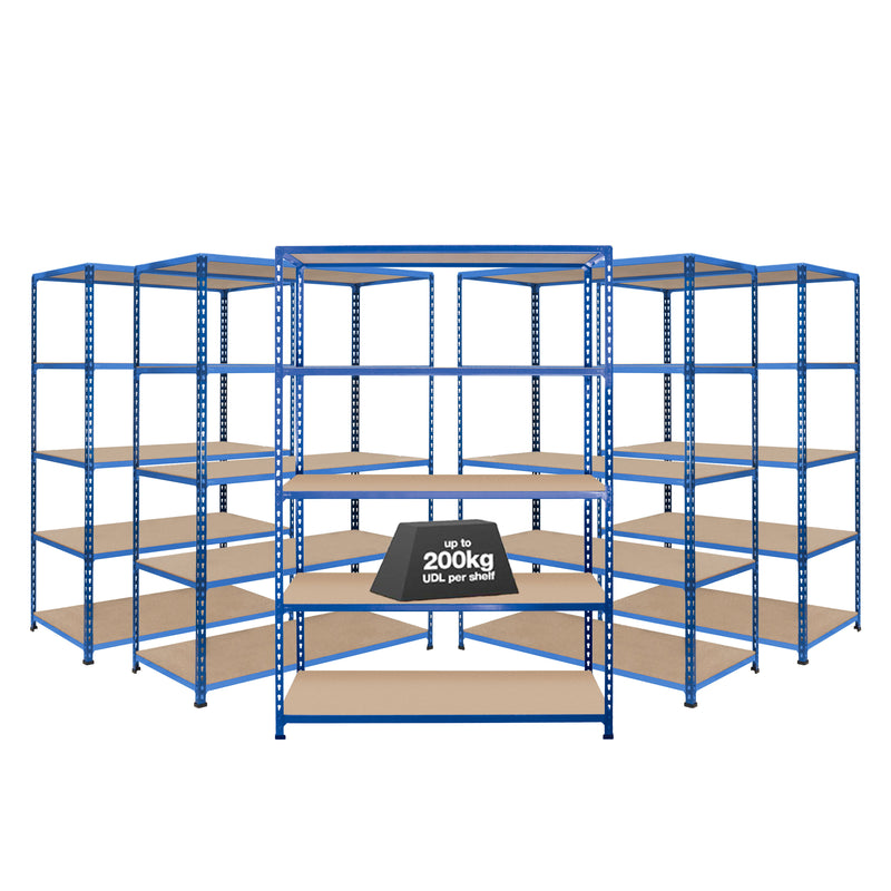 5x SX200 Industrial Shelving - 2440mm High - 200kg - Chipboard - Blue