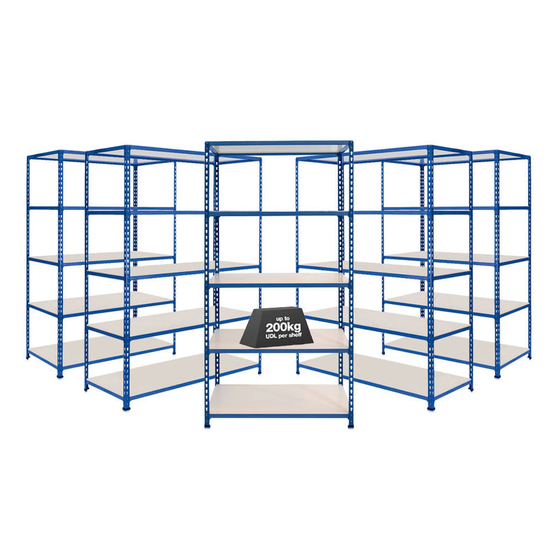 5x SX200 Industrial Shelving - 2440mm High - 200kg - Melamine - Blue