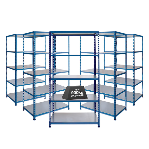 5x SX200 Industrial Shelving - 1830mm High - 200kg - Steel - Blue