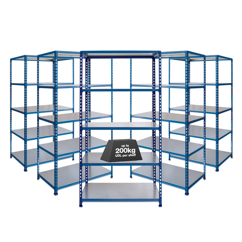 5x SX200 Industrial Shelving - 1830mm High - 200kg - Steel - Blue