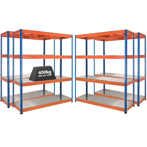 4x SX400 Industrial Shelving - 1677mm High - 400kg - Steel - Blue & Orange