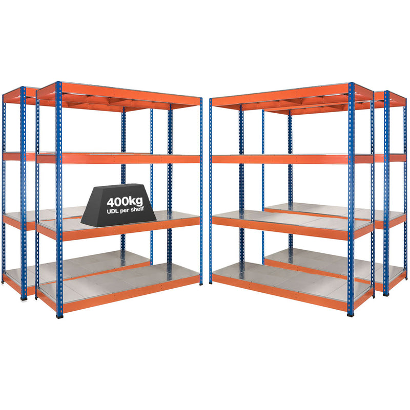 4x SX400 Industrial Shelving - 1677mm High - 400kg - Steel - Blue & Orange