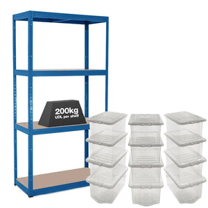 1x VRS Shelving Unit - 1600mm High - Blue with 12x 60L Wham Plastic Storage Boxes