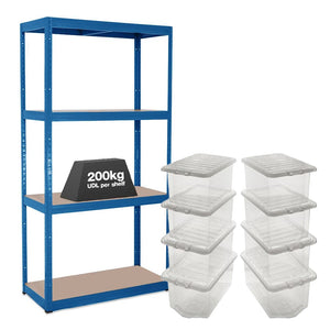 1x VRS Shelving Unit - 1600mm High - Blue with 8x 60L Wham Plastic Storage Boxes