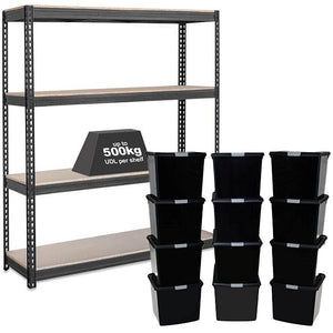 1x CRW Heavy Duty Shelving - 2200mm High - Grey with 12x 37L Wham DIY Plastic Storage Boxes