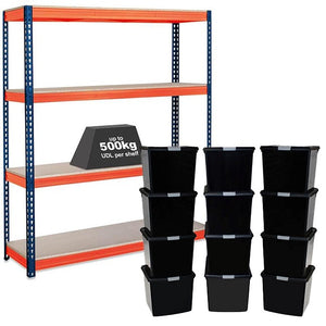 1x CRW Heavy Duty Shelving - 2200mm High - Blue & Orange with 12x 37L Wham DIY Plastic Storage Boxes