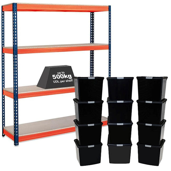 1x CRW Heavy Duty Shelving - 1600mm High - Blue & Orange with 12x 37L Wham DIY Plastic Storage Boxes