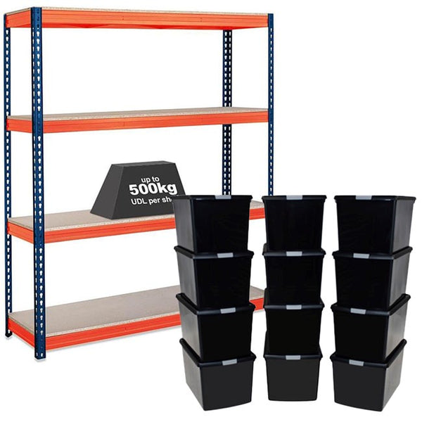 1x CRW Heavy Duty Shelving - 1800mm High - Blue & Orange with 12x 62L Wham DIY Plastic Storage Boxes