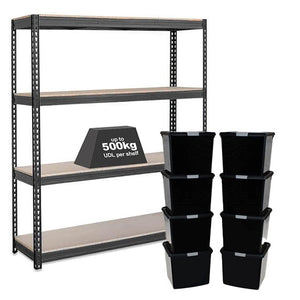 1x CRW Heavy Duty Shelving - 2200mm High - Grey with 8x 37L Wham DIY Plastic Storage Boxes