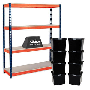 1x CRW Heavy Duty Shelving - 2200mm High - Blue & Orange with 8x 37L Wham DIY Plastic Storage Boxes