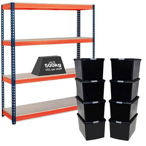 1x CRW Heavy Duty Shelving - 2200mm High - Blue & Orange with 8x 62L Wham DIY Plastic Storage Boxes