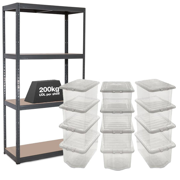 1x VRS Shelving Unit - 1600mm High - Grey with 12x 60L Wham Plastic Storage Boxes