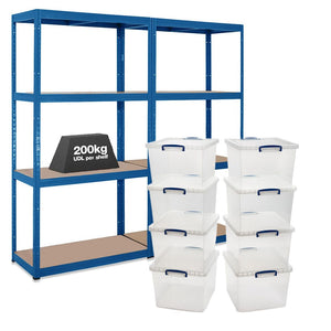 2x VRS Shelving Units - 1600mm High - Blue with 8x 33.5L Really Useful Boxes