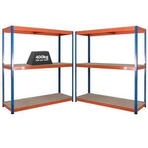 2x SX400 Industrial Shelving - 1677mm High - 400kg - Chipboard - Blue & Orange