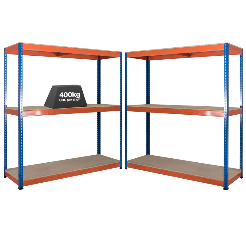 2x SX400 Industrial Shelving - 1980mm High - 400kg - Chipboard - Blue & Orange