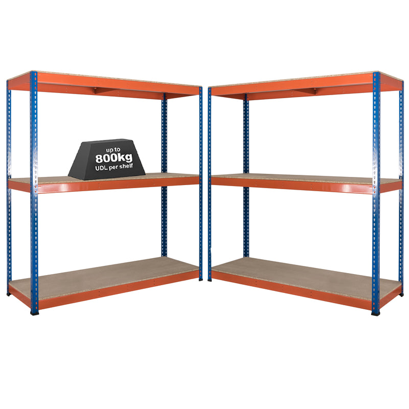 2x SX800 Industrial Shelving - 3050mm High - 800kg - Chipboard - Blue & Orange