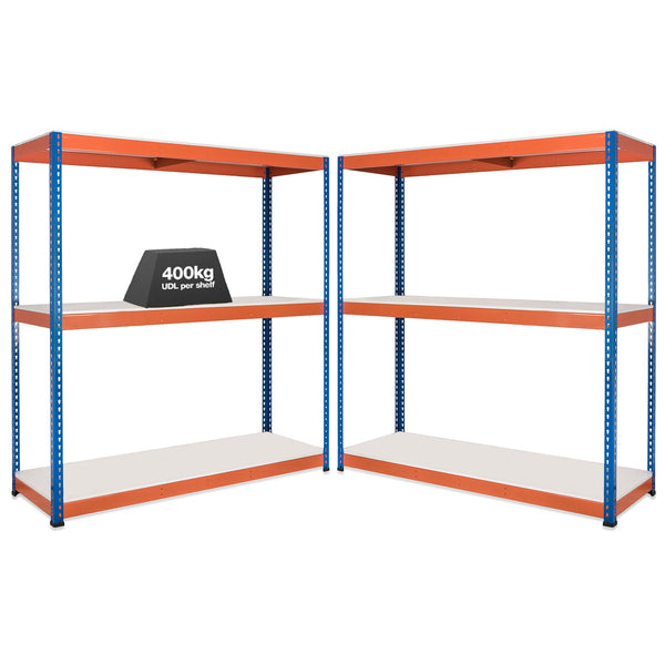 2x SX400 Industrial Shelving - 1677mm High - 400kg - Melamine - Blue & Orange