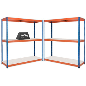 2x SX400 Industrial Shelving - 2440mm High - 400kg - Melamine - Blue & Orange