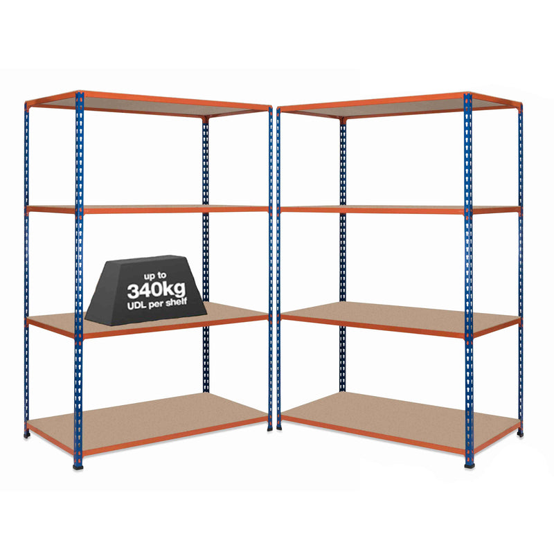 2x SX340 Industrial Shelving - 1980mm High - 340kg - Chipboard - Blue & Orange