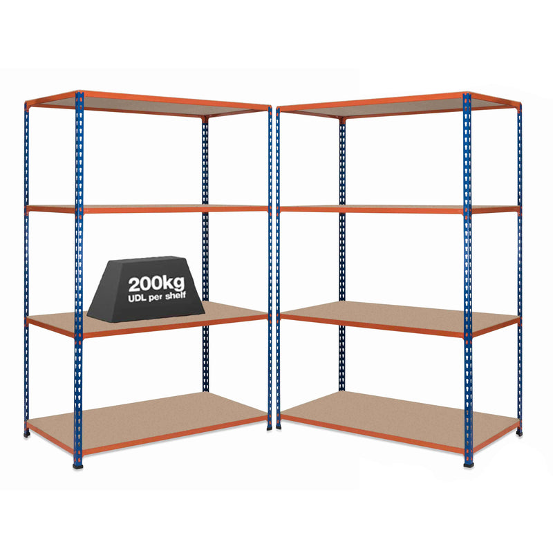 2x SX200 Industrial Shelving - 1830mm High - 200kg - Chipboard - Blue & Orange