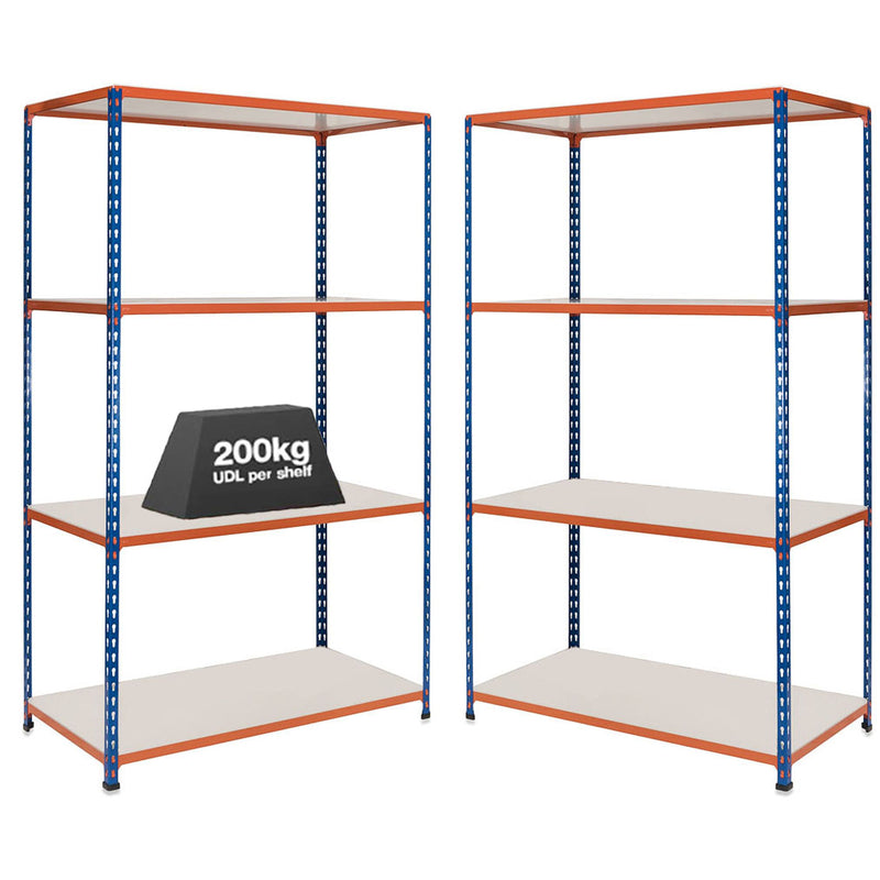 2x SX200 Industrial Shelving - 2440mm High - 200kg - Melamine - Blue & Orange