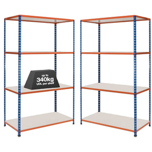 2x SX340 Industrial Shelving - 2440mm High - 340kg - Melamine - Blue & Orange