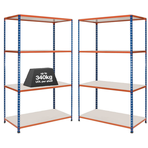 2x SX340 Industrial Shelving - 1980mm High - 340kg - Melamine - Blue & Orange