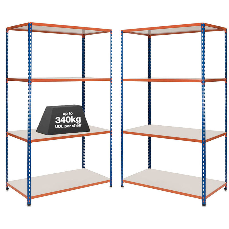 2x SX340 Industrial Shelving - 1980mm High - 340kg - Melamine - Blue & Orange