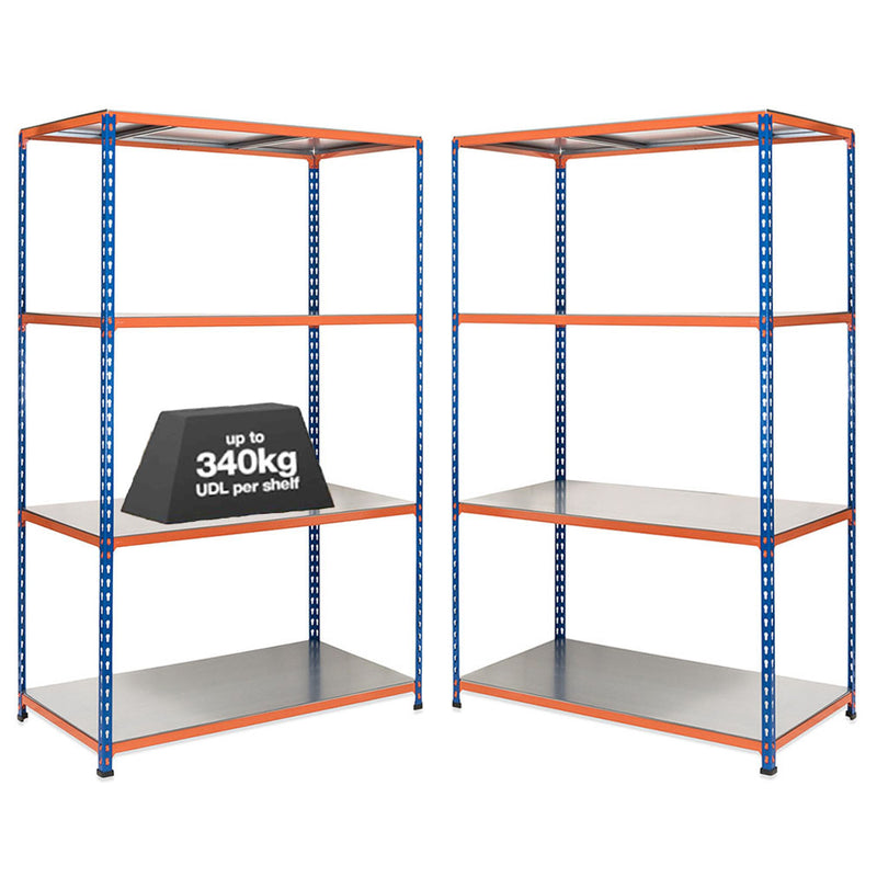 2x SX340 Industrial Shelving - 2440mm High - 340kg - Steel - Blue & Orange