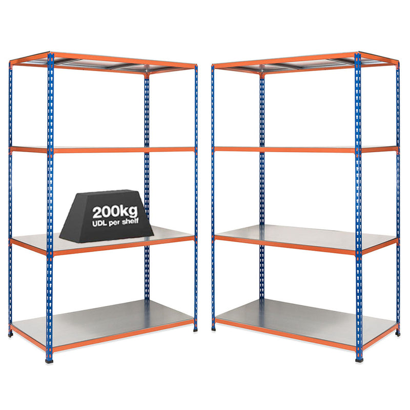 2x SX200 Industrial Shelving - 2440mm High - 200kg - Steel - Blue & Orange