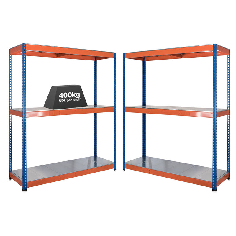 2x SX400 Industrial Shelving - 1980mm High - 400kg - Steel - Blue & Orange