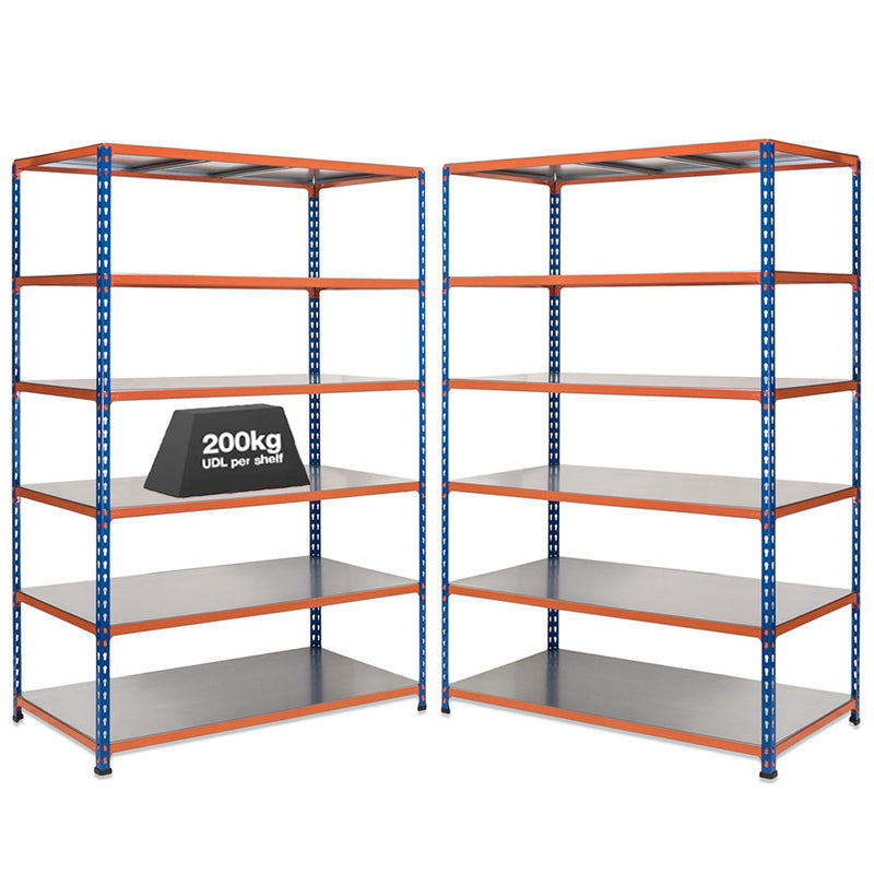 2x SX200 Industrial Shelving - 2440mm High - 200kg - Steel - Blue & Orange