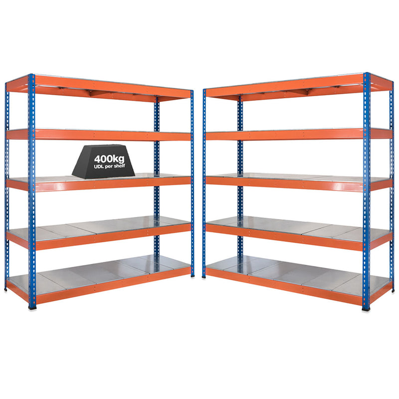 2x SX400 Industrial Shelving - 1980mm High - 400kg - Steel - Blue & Orange