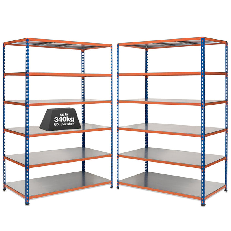 2x SX340 Industrial Shelving - 3050mm High - 340kg - Steel - Blue & Orange