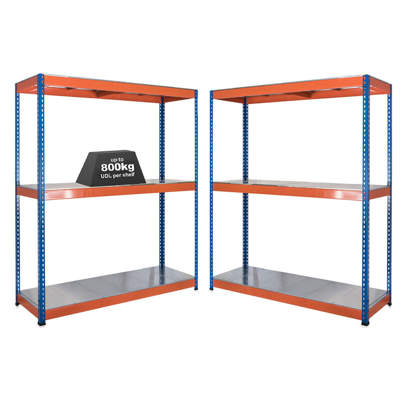 2x SX800 Industrial Shelving - 1980mm High - 800kg - Steel - Blue & Orange