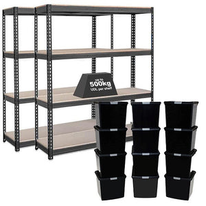 2x CRW Heavy Duty Shelving - 2200mm High - Grey with 12x 37L Wham DIY Plastic Storage Boxes