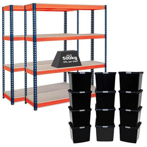 2x CRW Heavy Duty Shelving - 2200mm High - Blue & Orange with 12x 37L Wham DIY Plastic Storage Boxes