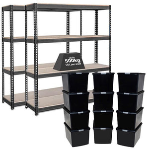 2x CRW Heavy Duty Shelving - 2200mm High - Grey with 12x 62L Wham DIY Plastic Storage Boxes