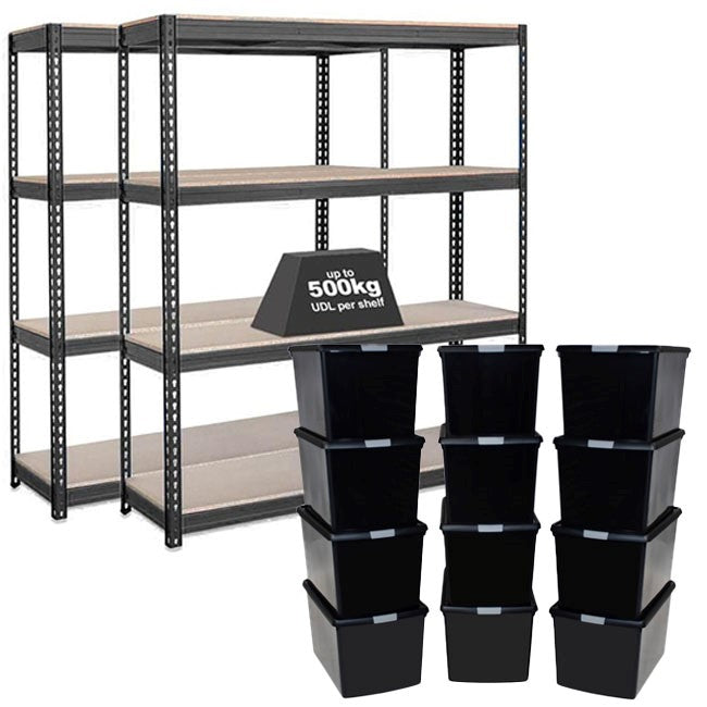 2x CRW Heavy Duty Shelving - 2200mm High - Grey with 12x 62L Wham DIY Plastic Storage Boxes