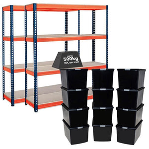 2x CRW Heavy Duty Shelving - 2200mm High - Blue & Orange with 12x 62L Wham DIY Plastic Storage Boxes