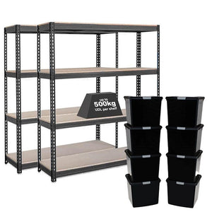 2x CRW Heavy Duty Shelving - 2200mm High - Grey with 8x 37L Wham DIY Plastic Storage Boxes